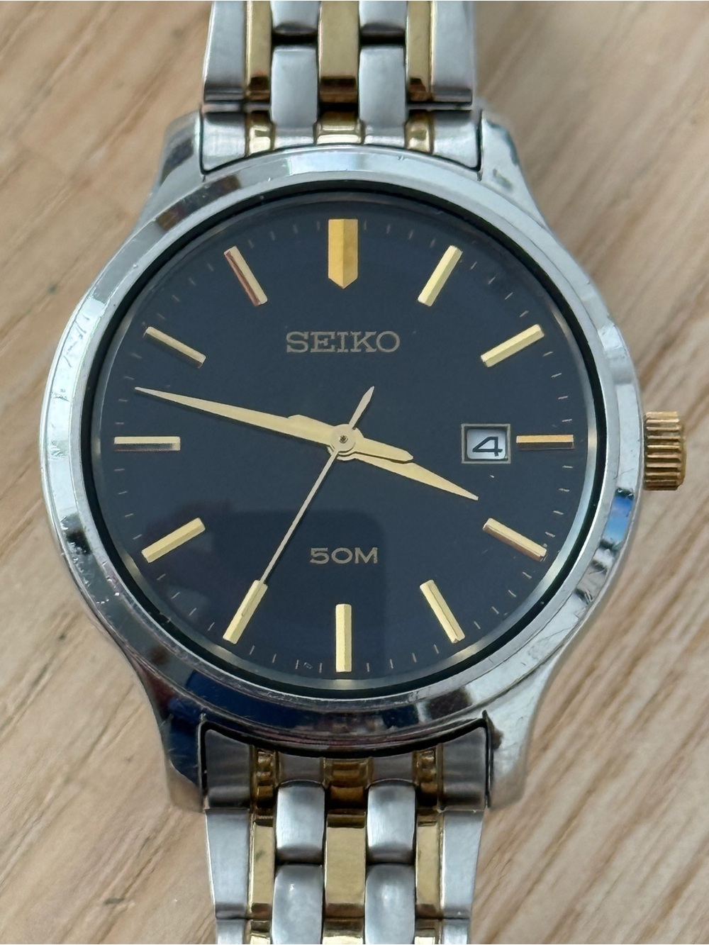 Seiko Two-Tone Watch Large Blue Dial Date Window Gold Hands Markers New Crystal